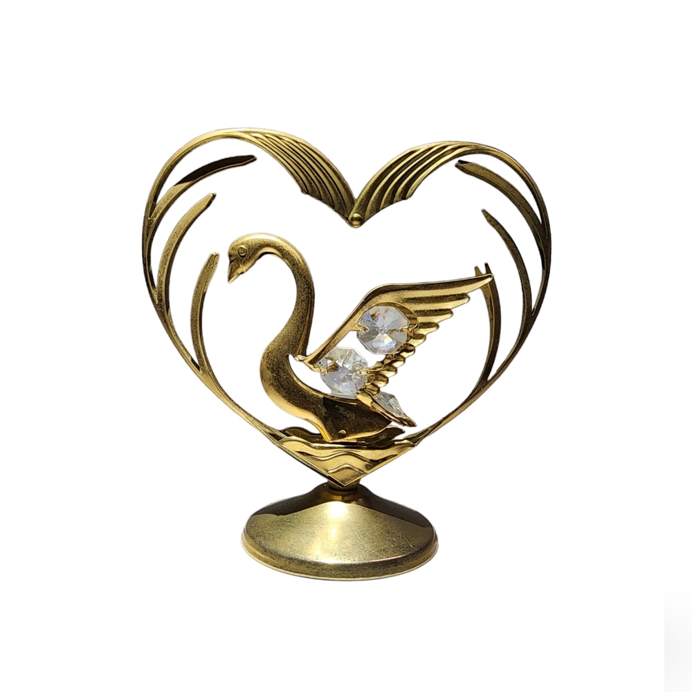Brass Swan in a Heart with Crystal | Table Home Decor